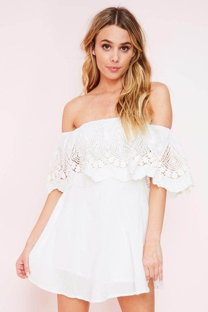 White Mini Dress with Off-the-Shoulder Lace Overlay