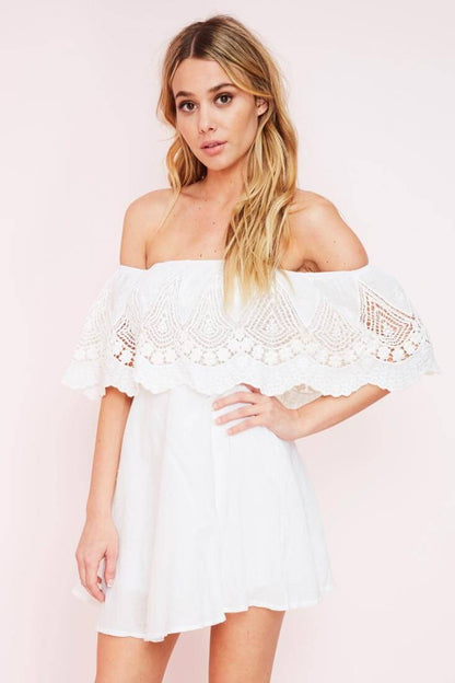 White Mini Dress with Off-the-Shoulder Lace Overlay